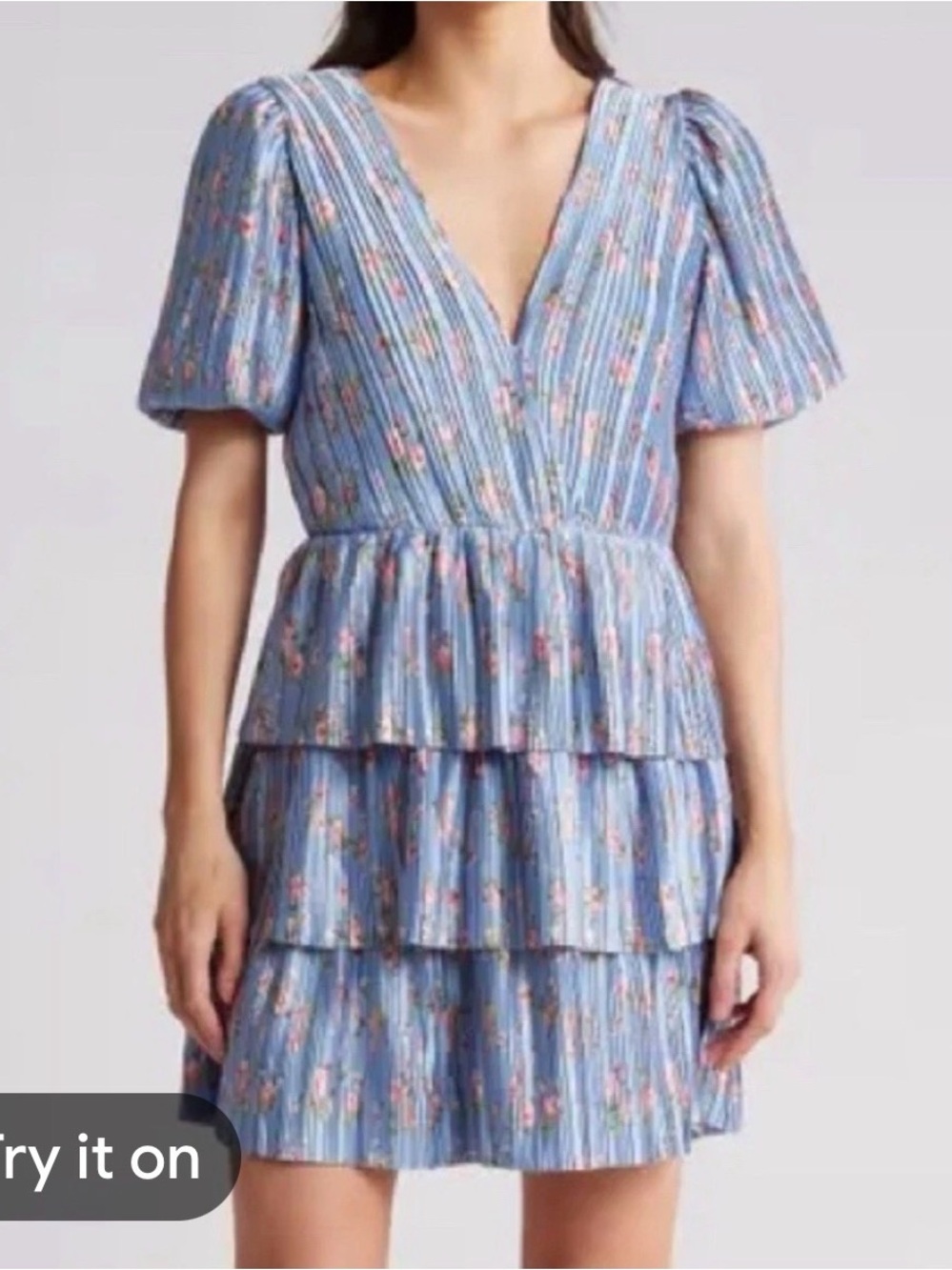 Wayf mini Blue Floral Tiered V-Neck Mini Dress